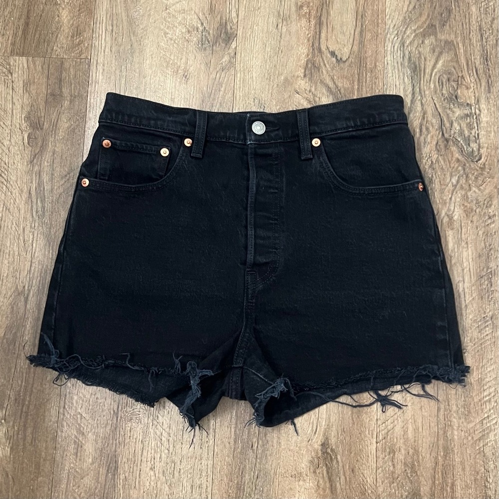 Levis Premium Ribcage Shorts Womens 28 Black High Rise Button Fly Cut Off Denim